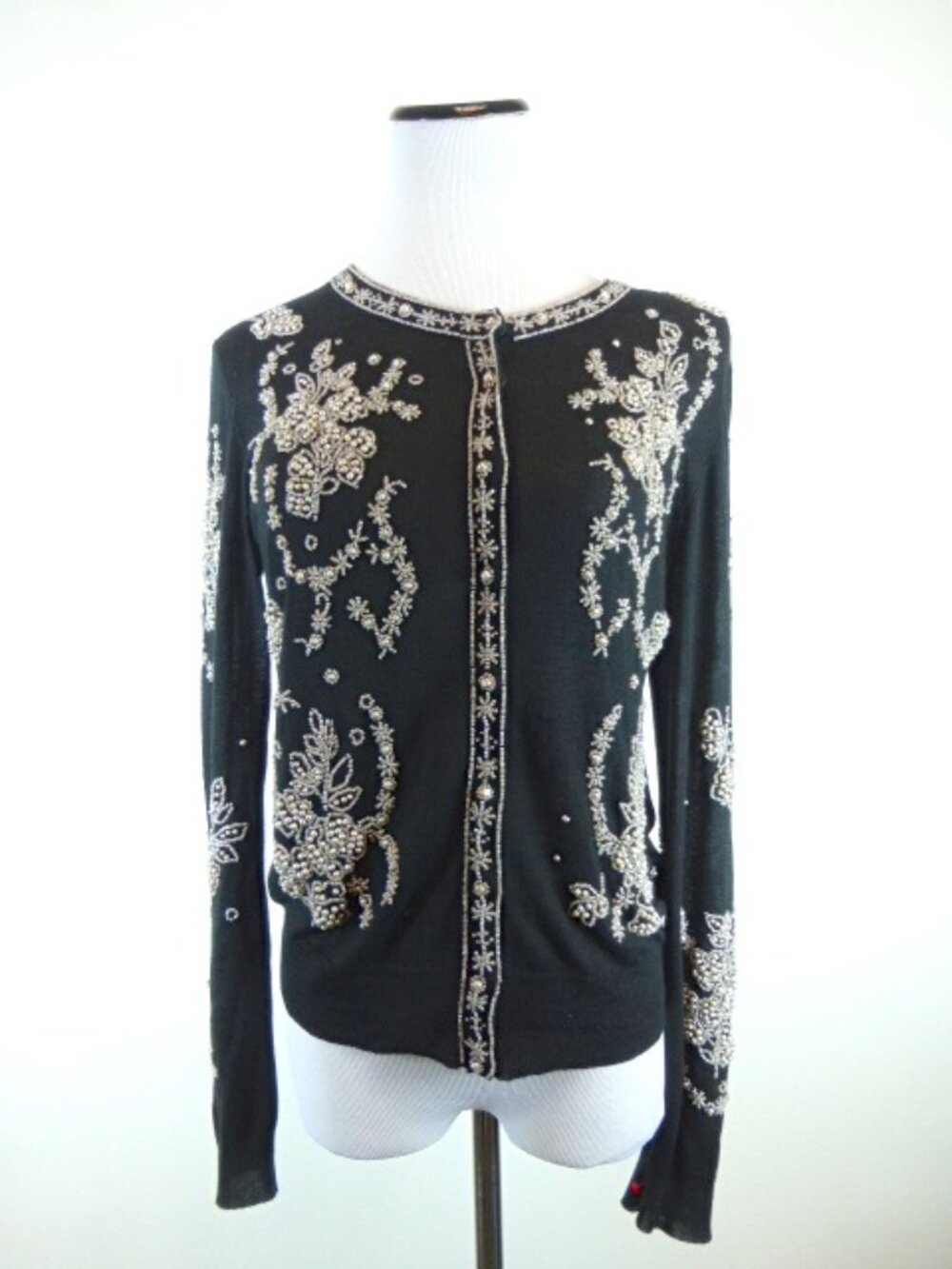NICOLE FARHI black PEARL Beaded SILK ANGORA DRESS cardigan SWEATER S party